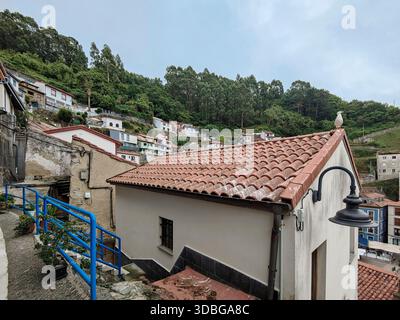 Gabbiano in piedi su un tetto piastrellato di terracotta in un colorato villaggio di pescatori sulle colline Foto Stock