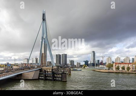 Paesaggio urbano di Rotterdam con il ponte Erasmus sul fiume Nieuwe Maas, Paesi Bassi Foto Stock