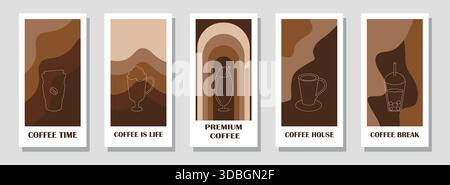 Set di poster disegno geometrico del caffè. Poster, volantino, scheda, banner, modello di copertina sul tema caffè. Disegno vettoriale, elemento di progettazione. Illustrazione Vettoriale