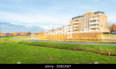 Parco pubblico "Junglepark" con edifici in stile cottage nel nuovo quartiere residenziale di Triangel a Waddinxveen Paesi Bassi Foto Stock