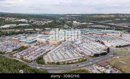 Vista aerea del centro commerciale Meadowhall (S9), South Yorkshire, Regno Unito. Foto Stock