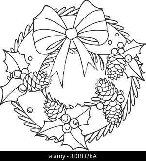 Delinea la corona di Natale con Bow e Holly Illustrazione Vettoriale
