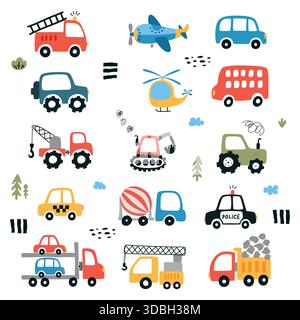 Set di diversi mezzi di trasporto in stile piatto. Cartoni animati auto semplici in stile scandinavo. Raccolta vettoriale di veicoli cargo isolata su sfondo bianco. Illustrazione Vettoriale