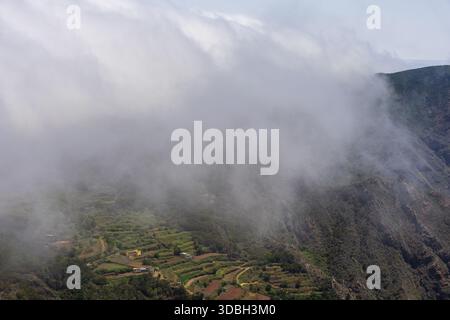Nuvole basse che si snodano su campi verdi terrazzati e aspri pendii di montagna nel Parco rurale di Anaga, Tenerife, Isole Canarie, Spagna. Foto Stock