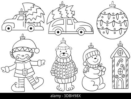 Decorazioni per alberi di Natale, ornamenti natalizi. Serie di illustrazioni monocromatiche. Disegnato a mano, contorno nero. Disegni per la colorazione di pagine, cartoline. IC Illustrazione Vettoriale
