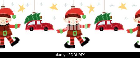 Bordo piatto senza cuciture di ornamenti natalizi ed elfi. Illustrazione del nuovo anno. Design vettoriale per carta, copertina, tessuto, arredamento e altri usi Illustrazione Vettoriale