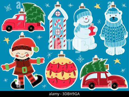 Decorazioni per alberi di Natale, ornamenti natalizi. Set di adesivi su sfondo blu. Progetti per enigmi e attività educative per bambini Illustrazione Vettoriale