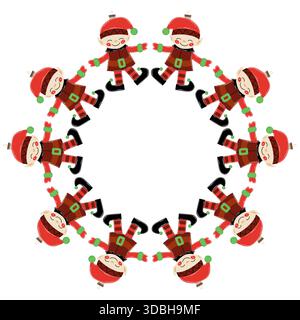 Decorazioni per alberi di Natale. Telaio rotondo realizzato con decorazioni dell'albero di Natale degli elfi. Modello per la tua creatività. Progettare cartoline, volantini e banner Illustrazione Vettoriale