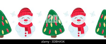 Natale bordo piatto senza cuciture di pupazzi di neve. Illustrazione del nuovo anno. Design vettoriale per carta, copertina, tessuto, arredamento Illustrazione Vettoriale
