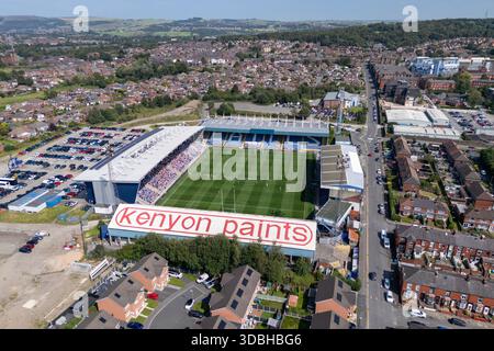 Vista aerea del Boundary Park, sede dell'Oldham Athletic Football Club, Oldham, Greater Manchester, Regno Unito. Foto Stock