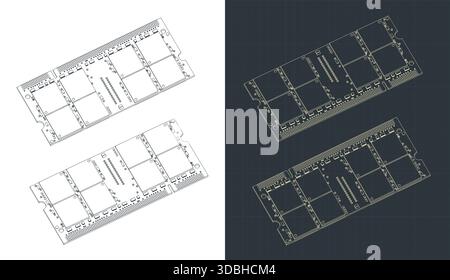 Illustrazione vettoriale stilizzata di disegni isometrici del modulo RAM del laptop Illustrazione Vettoriale