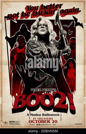 Boo 2 di Tyler Perry! A Madea Halloween (2017) diretto da Tyler Perry e interpretato da Tyler Perry, Cassi Davis e Patrice Lovely. Madea finisce in un resort sul lago presumibilmente infestato dai fantasmi la notte di Halloween e deve affrontare assassini in costume e caos con le sue parole difficili. SOLO PER L'USO EDITORIALE del poster STATUNITENSE. Credito: BFA / Lionsgate Foto Stock