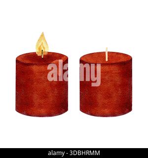Candele rosse con e senza fiamma, set di acquerelli isolati su sfondo bianco. Elementi per le feste dipinti a mano, perfetti per le cartoline natalizie Foto Stock