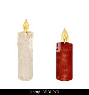 Set di candele ad acquerello rosso e bianco. Illustrazioni dipinte a mano isolate su bianco. Illustrazione minimalista invernale e natalizia perfetta per le vacanze Foto Stock