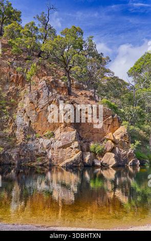 Scogliera di arenaria rocciosa riflessa nella diga di Graham nella gola del fiume Lerderderg in una giornata di sole, nel parco nazionale Wombat-Lerderderg, Victoria, Australia Foto Stock