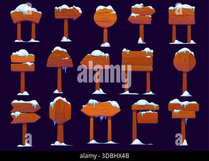 Cartelli in legno invernali con neve e ghiaccio Illustrazione Vettoriale