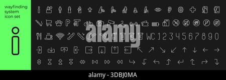 Spazi pubblici sistema di wayfinding icone moderne lineari. Come trovare la segnaletica. Pittogrammi di navigazione del centro commerciale. Simboli del tabellone informativo dell'hotel o dell'aeroporto. Indicazioni per il complesso residenziale Illustrazione Vettoriale