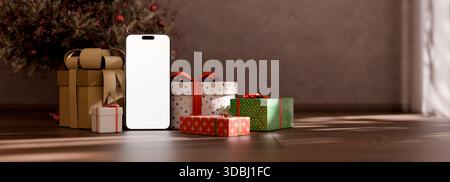 Banner xmas orizzontale. Telefono cellulare con schermo vuoto collocato in soggiorno con regali e albero di natale. Formato banner Web ad alta risoluzione per il mock-up. Foto Stock