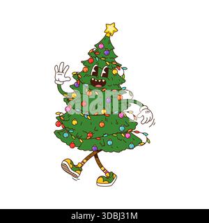 Cartoni animati sull'albero di Natale con un personaggio carino Illustrazione Vettoriale