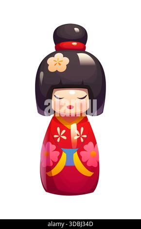Bambola kokeshi tradizionale giapponese con indosso kimono Illustrazione Vettoriale