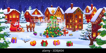 Città di Natale con regali, slitta di Babbo Natale, albero di Natale Illustrazione Vettoriale