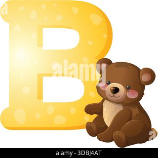 Cucciolo di orso cartoni animati accanto alla lettera B gialla brillante, divertente stile di illustrazione vettoriale Illustrazione Vettoriale