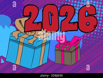 Confezione regalo cartoni animati e numero 2026, celebrazione dei fumetti. Fumetti vettoriali retrò e pop art. Illustrazione Vettoriale