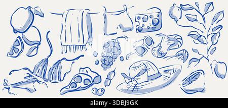 Set di doodle sulla spiaggia estiva italiana con fette di limone e uva, formaggio e pizza, gamberi e elementi della costiera amalfitana. Icone delle vacanze al mare in Italia disegnate a mano con inchiostro blu per il design mediterraneo. Illustrazione Vettoriale