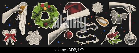 Adesivi vintage natalizi con mezzitoni isolati sul nero. Illustrazione vettoriale realistica di ghirlande natalizie, cappello di Babbo Natale, luci X-mas, mani che tengono la palla da discoteca e un bicchiere di bevanda, bocca sorridente femminile Illustrazione Vettoriale