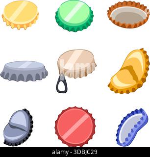 Collezione di tappi per bottiglie in metallo colorati e piegati Illustrazione Vettoriale
