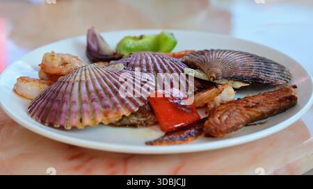 Un piatto gourmet di pesce con filetto di salmone grigliato dorato servito con capesante scottate e gamberi su un piatto bianco. Foto Stock