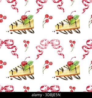 Motivo floreale ad acquerello senza cuciture che combina peonie rosa, frutti di bosco ed eleganti nastri. Romantico dipinto a mano, ideale per tessuti e confezioni regalo Foto Stock