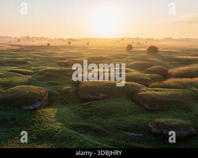 Vista aerea con droni delle formazioni uniche del paesaggio carsico in Estonia all'alba con nebbia dorata mattutina su rocce muschiate verdi. Foto Stock