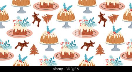 Disegno a mano senza cuciture con torte di Natale e biscotti al pan di zenzero. Illustrazione Vettoriale