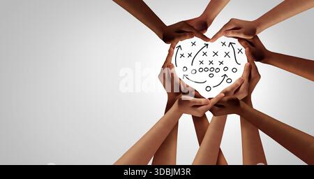 mani diverse che formano una forma a cuore attorno a un diagramma strategico del piano di gioco che simboleggia l'unità il lavoro di squadra gli obiettivi condivisi e il successo collettivo come un connesso Foto Stock