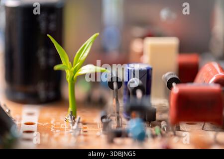 I progressi nel campo dell'elettronica e della tecnologia digitale stanno favorendo innovazioni di ingegneria ecocompatibile, le aziende tecnologiche sviluppano hardware ecocompatibile e design di chip t Foto Stock