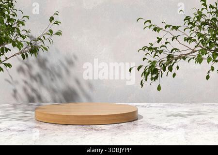 Il prodotto minimalista espone podio cilindrico in legno su pavimento in marmo con rami verdi e ombre su pareti grunge in cemento per la preparazione di prodotti cosmetici Foto Stock