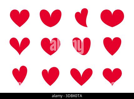 Set di 12 icone rosse a forma di cuore. Raccolta di forme cardiache su sfondo isolato Illustrazione Vettoriale