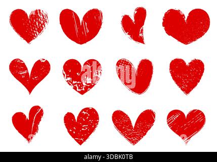 Set di icone grunge rosse a cuore, collezione di simboli vettoriali a cuore doodle su sfondo trasparente Illustrazione Vettoriale