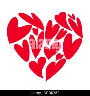 Immagine vettoriale del cuore per la carta di San Valentino o per la festa della mamma, il banner e il poster. Cuori rossi disegnati a mano che formano un grande cuore su sfondo isolato Illustrazione Vettoriale