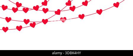 Amo il bordo vettoriale. Ghirlande con icone rosse a forma di cuore appese su sfondo isolato. Banner di San Valentino per testo. Illustrazione dello spazio di copia Illustrazione Vettoriale