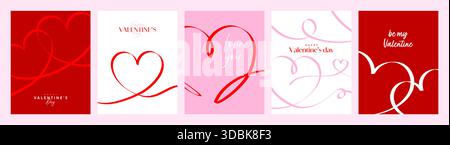 Collezione di modelli vettoriali per biglietti d'auguri di San Valentino, set di poster per San Valentino, copertina decorativa con linee a cuore rosa e rosse Illustrazione Vettoriale