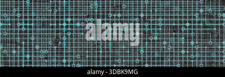Sfondo con tecnologia digitale ciano astratto, griglia Blueprint con linee di circuito e nodi luminosi su sfondi scuri. Infrastruttura dati AI, cloud co Foto Stock