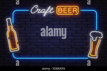 Elegante cornice vettoriale al neon con insegna della birra artigianale, bottiglia e icona in schiuma di vetro. Ottimo per pubblicità bar, marchi di birrerie e poster per la vita notturna. Illustrazione Vettoriale