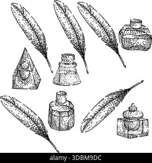 Disegnare a mano i pozzi d'inchiostro e le penne di penna vintage Illustrazione Vettoriale