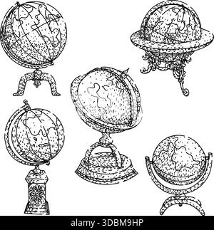 Set di disegni di globi d'epoca che rappresentano l'educazione geografica mondiale Illustrazione Vettoriale