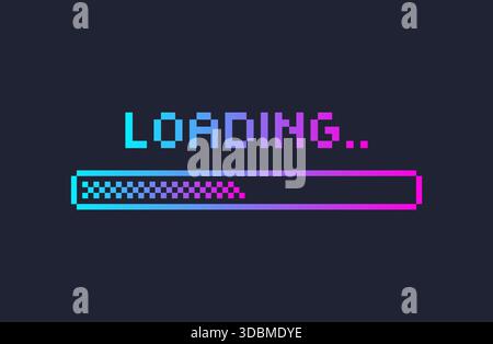 Schermo della barra di caricamento in stile retro pixel colorati su sfondo scuro, illustrazione vettoriale Illustrazione Vettoriale