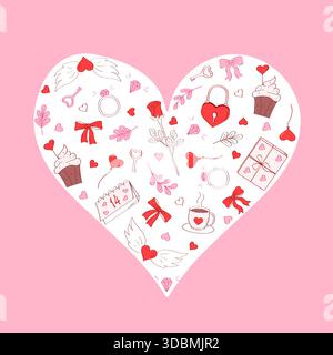 Set di elementi d'amore. Elementi decorativi disegnati a mano per San Valentino. Icone dei cartoni animati. Illustrazione piatta vettoriale. Illustrazione Vettoriale