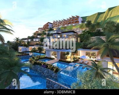 rendering 3d degli edifici esterni di notte Foto Stock