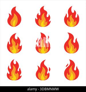 Icone piatte fuoco fuoco fuoco fuoco fuoco Rosso arancione fuoco Vector Set Illustrazione Vettoriale